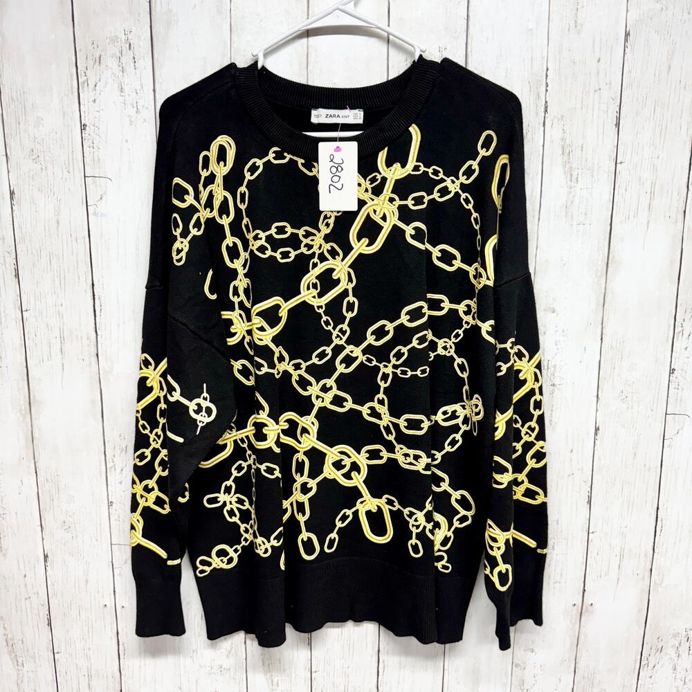 Zara Knit Sweater Women Size Small Black Gold Chain Printer Crewneck Long Sleeve